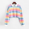 40# Rainbow Hoodies Women Sweatshirt Sudaderas Color Stripe Button Long Sleeve Pullover Hoodies Sweatshirt Tops Blouse Толстовки