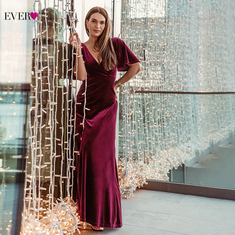 Plus Size Burgundy Evening Dresses Ever Pretty EP00861KD A-Line Double V-Neck Half Sleeve Velour Elegant Evening Gowns Vestido