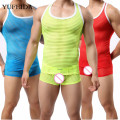 Sheer Mens Underwear Set Mesh Sleeveless Slim Fitness Bodybuilding Undershirts Tank Tops Vest Male Boxer Shorts Men Clothes Set