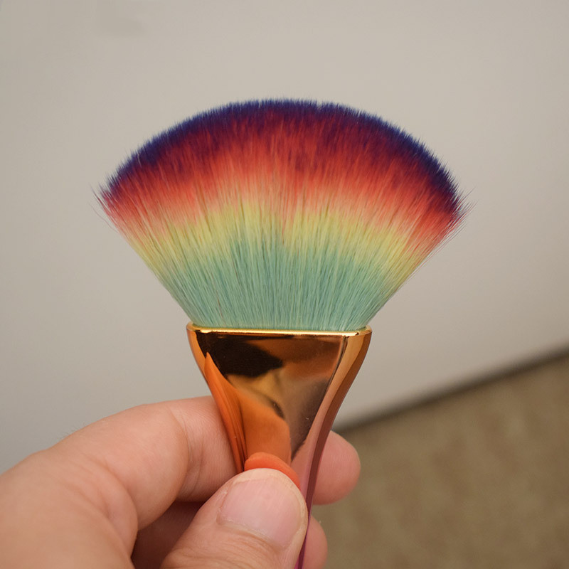 Professional rainbow fan shape single makeup brushes thin waist handle colorful brush Scattered powder fan blush brush