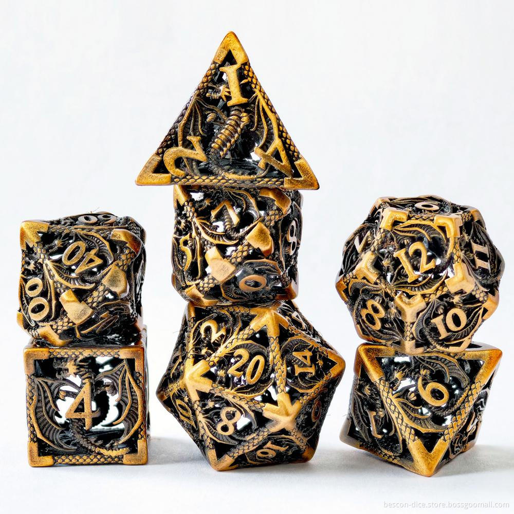 Hollowed DND Metal Dice Featured with 3D Dragon, Hollow Metal Dice