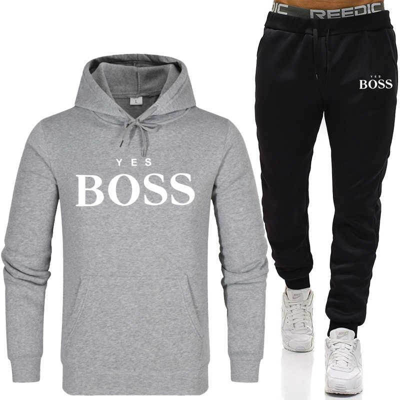 Tracksuit Men Fashion Hoodies Men Suits Brand Yes Boss Sets Men Sweatshirts+Sweatpants Autumn Winter Fleece Hooded Pullover