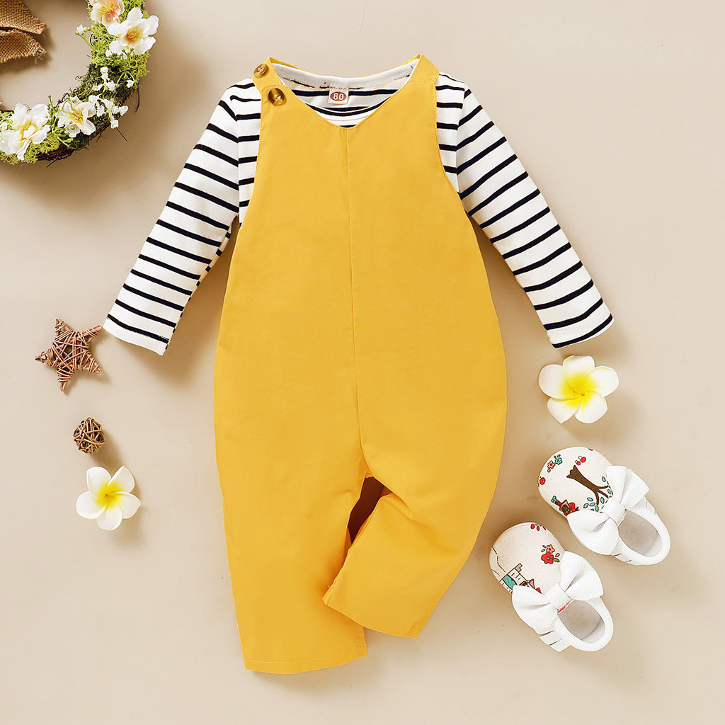 Toddler Infant Kids clothes Baby Girls Striped T shirt Tops Suspender Pants Outfits Set Clothing free shipping ropa de niña#L35