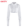 OOTN White Sexy Crop Top Long Sleeve Women Blouse Shirt Cotton Solid Asymmetrical Hem Casual Top Female Blouse Button Bown