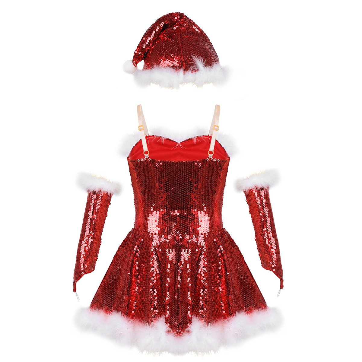 Kids Girls Fancy Party Christmas Santa Dance Costume Outfit Sequins Figure Ice Skating Baton Twirling Ballet Dance Leotard Dress