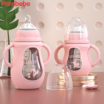 Cute Glass Baby Bottle Silicone Straw Water Drink Bottles For Baby Milk Feeder Set Baby Feeding Bottle Newborn Baby Bottle Spoon