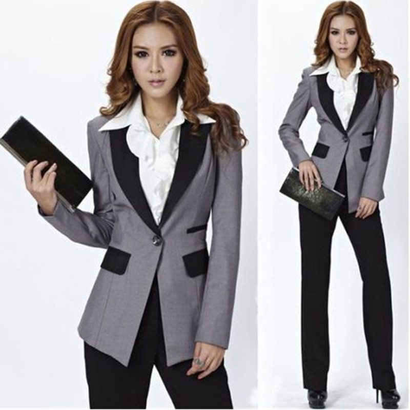 Top Fashion Full Cotton Pantalones Mujer Grey Jacket+black Pants Women Ladies Business Office Tuxedos Work Wear New Suits