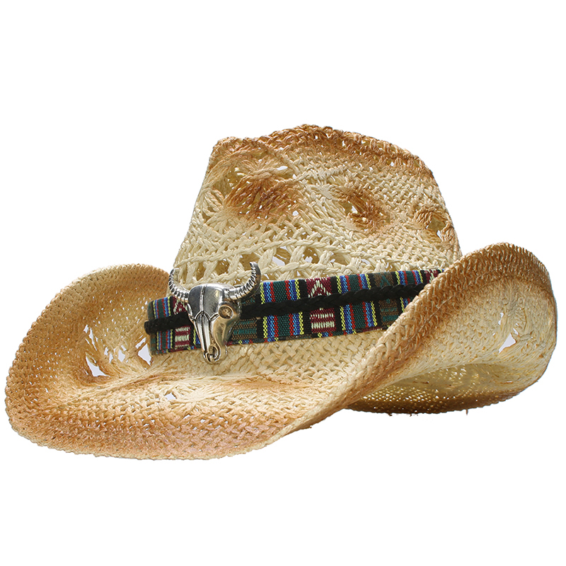Big Ox Head Belt Hollowed Out Women Men Unisex's Retro Raffia Straw Wide Brim Sun Beach Cowboy Cowgirl Western Hat (58cm)