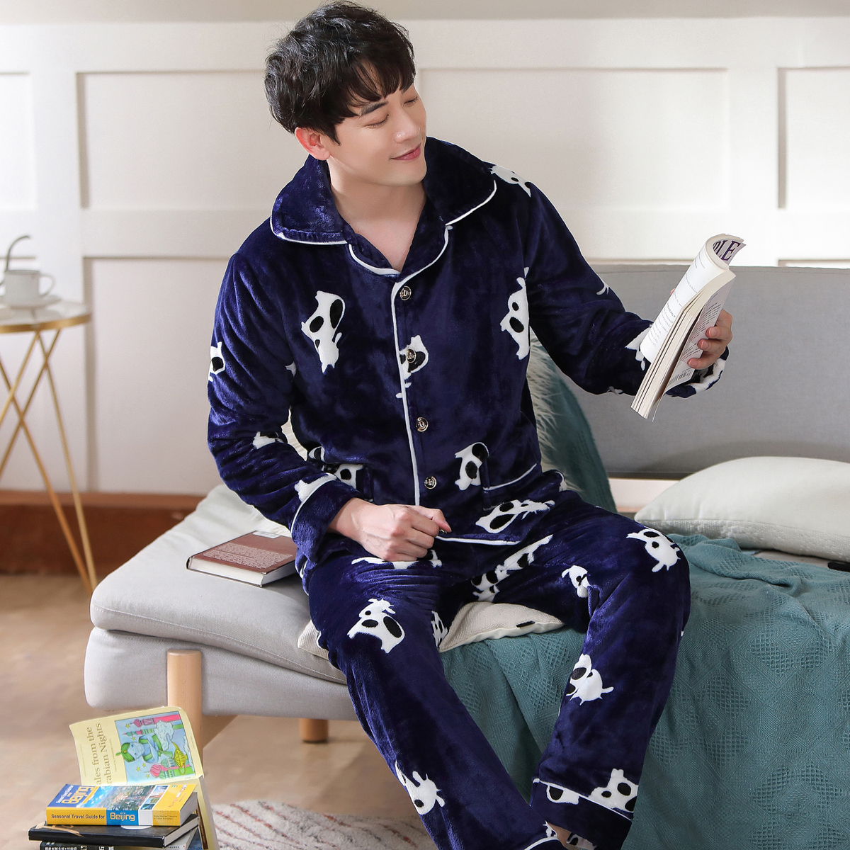 Newest Men's Soft Pajamas Set Autumn Winter Warm Flannel Thicken Male Pajamas Sets Long Sleeve Sleepwear Top +Pant Pyjamas