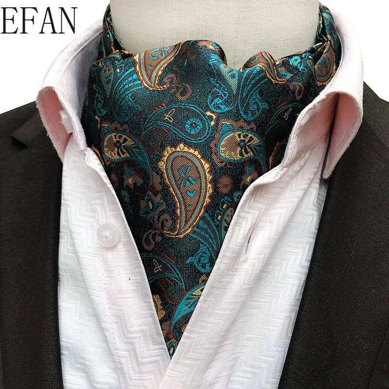 Solid Black Men Vintage Cashew Floral Wedding Formal Cravat Ascot Scrunch Self British Gentleman Silk Woven Neck Tie