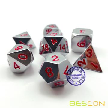 Bescon Heavy Duty Shiny Chrome Metal Dice Set of 7, Solid Metallic Chrome Polyhedral Role Playing Game Dice Set w/ Red Numbers