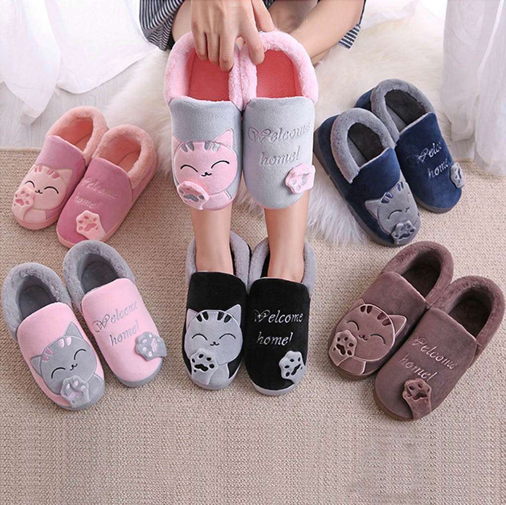 Women Winter Home Slippers Couple Shoes Female Plush Cartoon Cat Non-slip Warm Indoors Bedroom Floor Shoes Comfort Indoor Flats