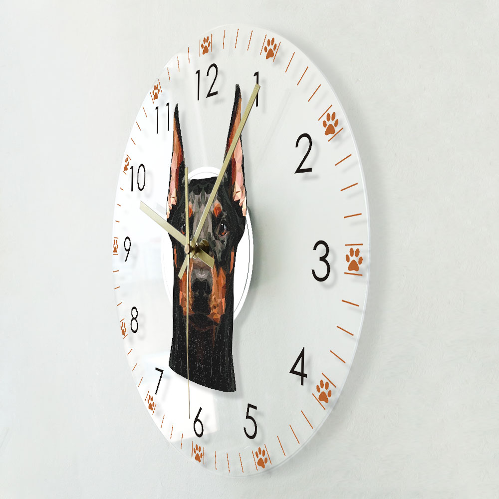 Doberman Pinscher Head Portrait Printed Acrylic Wall Clock Non ticking LED Wall Watch Home Decor Puppy Dog Doggie Wall Light
