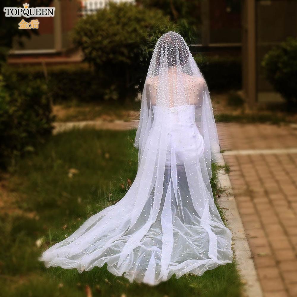 TOPQUEEN V08 Wedding Veils and Headpieces Bridal Veil Headband Pearl Veils for Brides White Veil for Women Ivory Veil