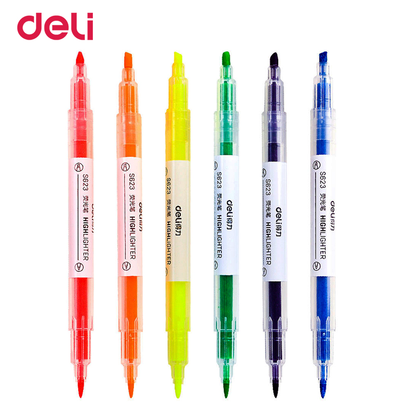 Deli wholesale 6 pcs dual head 6 colored highlighter pen with invisible ink for school office drawing sign brush scribble marker