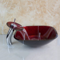 KEMAIDI Bathroom Art Round Washbasin Red Tempered Glass Vessel Sink With Waterfall Chrome Faucet Set With Pop Up Drain