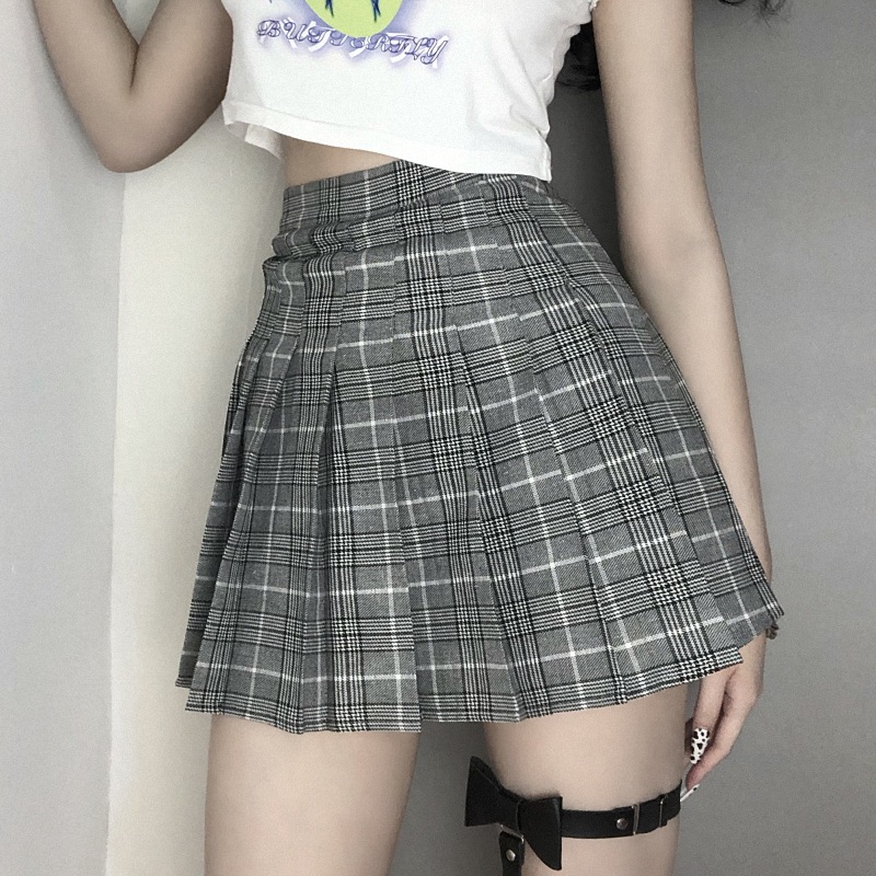 InsGoth High Waist Pleated Mini Skirts Women Streetwear Harajuku Gray Plaid Skirts Collage Style Casual Girl Short Skirts