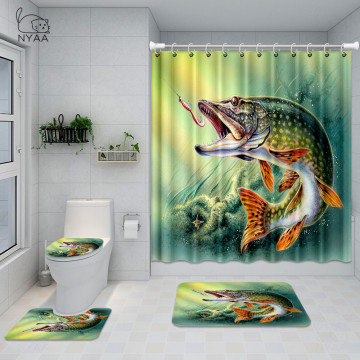 NYAA Bass Fish And Fishing Rod Bathroom Set Green Modern Art Printing Waterproof Shower Curtain Toilet Cover Mat Non Slip Rug