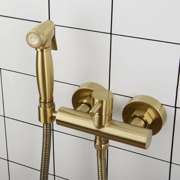 Brushed Gold Brass Bathroom Bidet Faucet Wall Mounted Hot Cold Water Mixer Bidet Sprayer