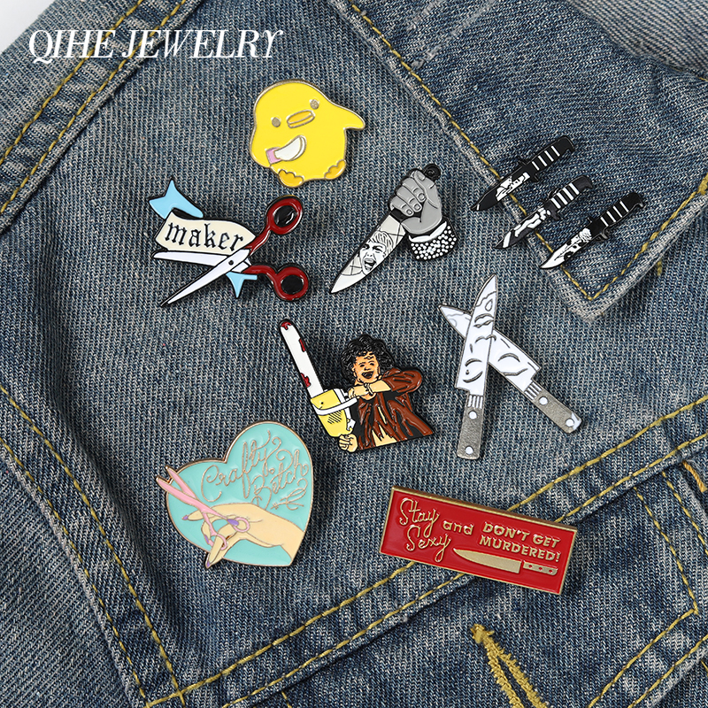 QIHE JEWELRY Murderer horror movie enamel pins Sharp weapon brooches badges Backpacks pins gifts for friends