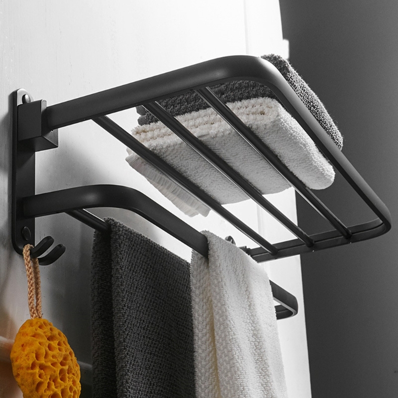 Space Aluminum Black Towel Rack Wall Mounted Folding Towel Holder Storage Shelf