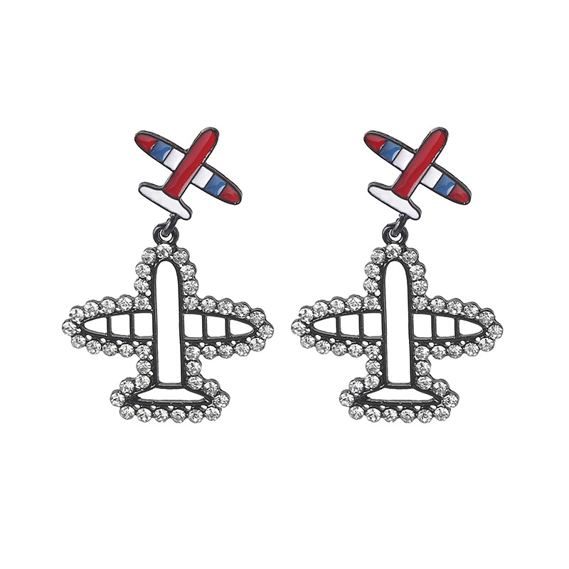 Hello Miss Cartoon Rhinestone Airplane Pendant Earrings Create Fashion Punk Stud Earrings Fashion Women's Earrings Jewelry