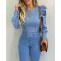 Women Blouse Shirt Solid Color O Neck Sexy Fashion Bubble Sleeve Long-Sleeved Casual Summer Blouses Shirts