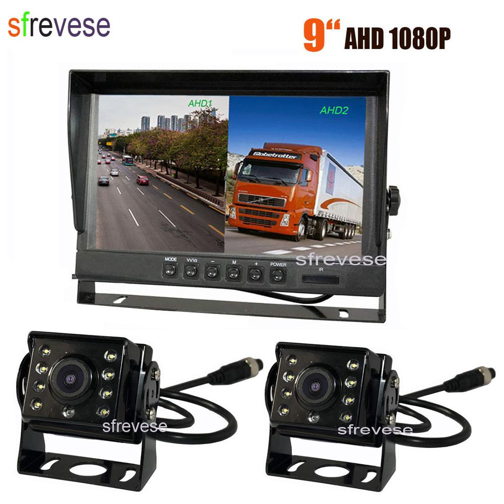 9" IPS HD SD DVR Recording 2CH Split 4Pin Car Rear View Monitor + 2x Waterproof AHD 1080P Reversing Backup Camera For Bus Truck