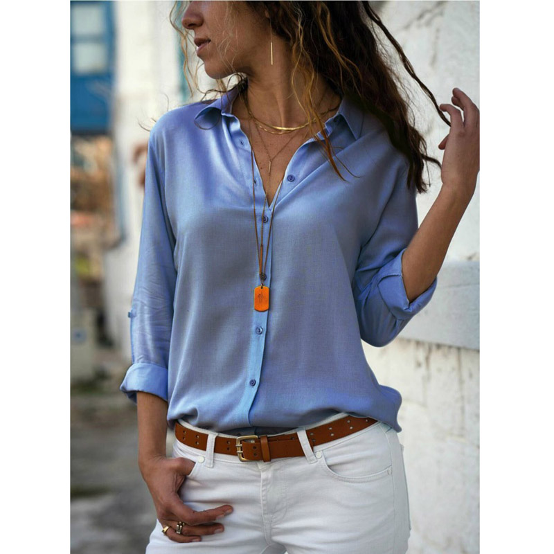Women Blouses Basic Selling Button Solid 2021 Fashion Long Sleeve Office Shirt Leisure Blouse Shirt Casual Slim Plus Size Tops