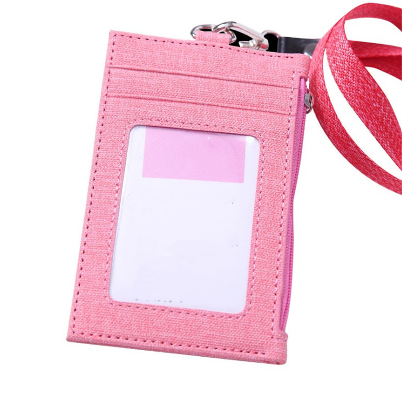 Simple Student Lanyard Card Holder Pu Id Certificate Bus Door Credit Card Bag for Girls Zipper Coin Purses Office Supplies