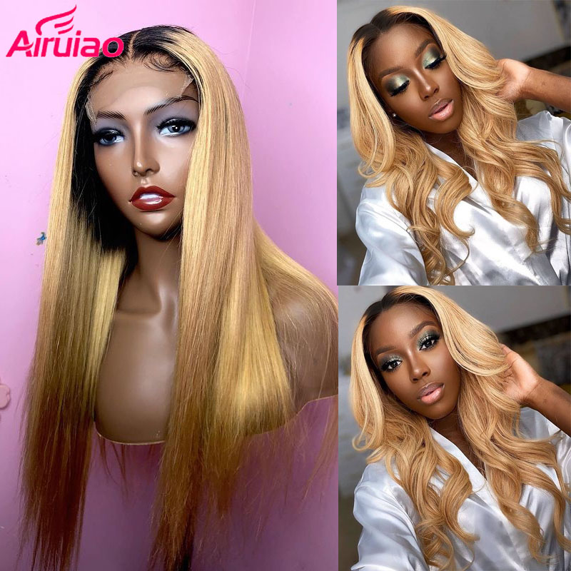 HD Transparent Colored Long Straight Human Hair Wig 1b 27 Ombre Honey Blonde Lace Front Wigs For Black Women Frontal Pre Plucked