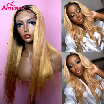 HD Transparent Colored Long Straight Human Hair Wig 1b 27 Ombre Honey Blonde Lace Front Wigs For Black Women Frontal Pre Plucked