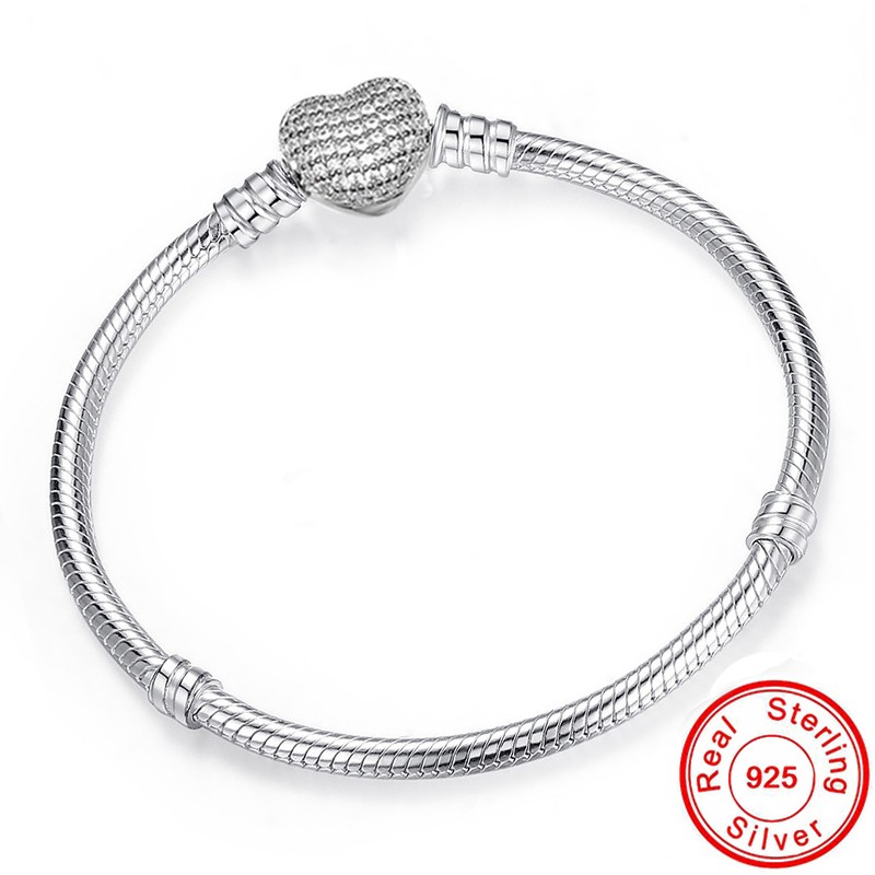 Original 925 Solid Silver Snake Chain Bracelet Bangle Secure Heart Clasp Beads Charms Bracelet For Women DIY Jewelry Making
