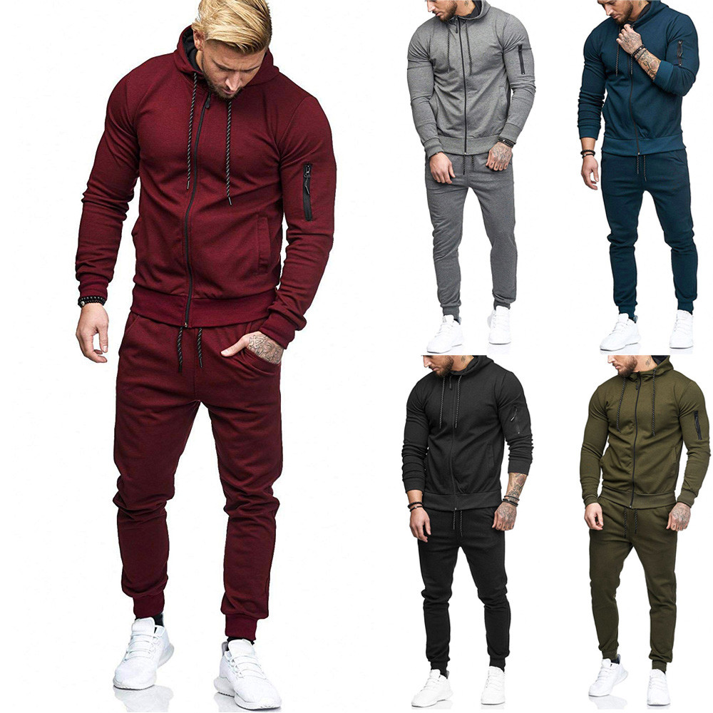 Men's Hooded Sportswear Suit Casual Autumn Patchwork Zipper Sweatshirt Top Pants Sets Sports running Men Slim Suit Tracksuit #40