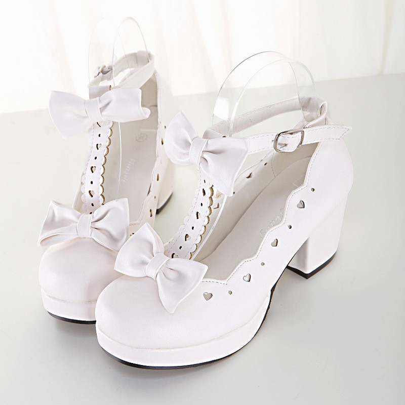 LIN KING Shoes Pink Cosplay Bowtie Ankle Straps Low Top Square Heels Pumps Solid Soft Leather Kawaii Princess Party Shoes