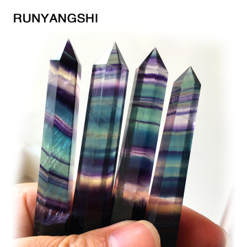 RUNYANGSHI Natural Fluorite Crystal Colorful Striped Fluorite Quartz Crystal Stone Point Healing Hexagonal Wand Treatment Stone