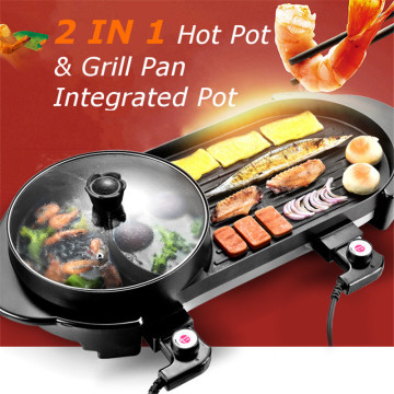 Electric Griddles 2in1 Electric Grill & Hot Pot Oven Non-stick Indoor Baking BBQ Flat Pan Hotpot Smokeless Barbecue Machine