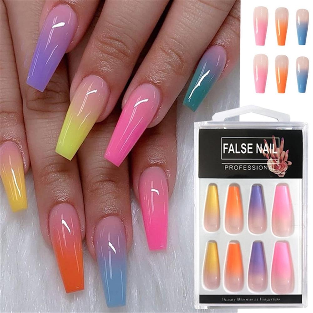 20/24pcs/Set Rainbow Gradient Long Coffin Fake Nails European Ballerina Full Nail Art Tips Colorful Beauty Artificial False Nail