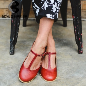BONJOMARISA New INS Retro Casual T-strap Flats Daily Elegant Solid Leisure Flats Women 2020 Casual Low Heels Shoes Woman