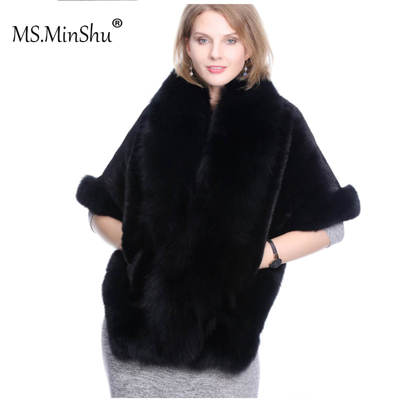 MS.MinShu Mink Fur Shawl Fox fur trim Winter Women Real Fur Fashion Poncho Fox Fur Trimmed Cape Winter Cape Female