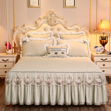 Beige Princess Elegant Bedspread Bed Skirts Elastic Quilted Thicken Warm Bedclothes bedcover Soft Lace Bedding Bed Sheet Cotton