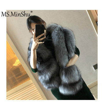 MS.MinShu Fox Fur Scarf Luxury Big Fox Skin Scarf Natural Fox Fur Stole Genuine Fox Fur Shawl Pocket Fashion Evening Dress