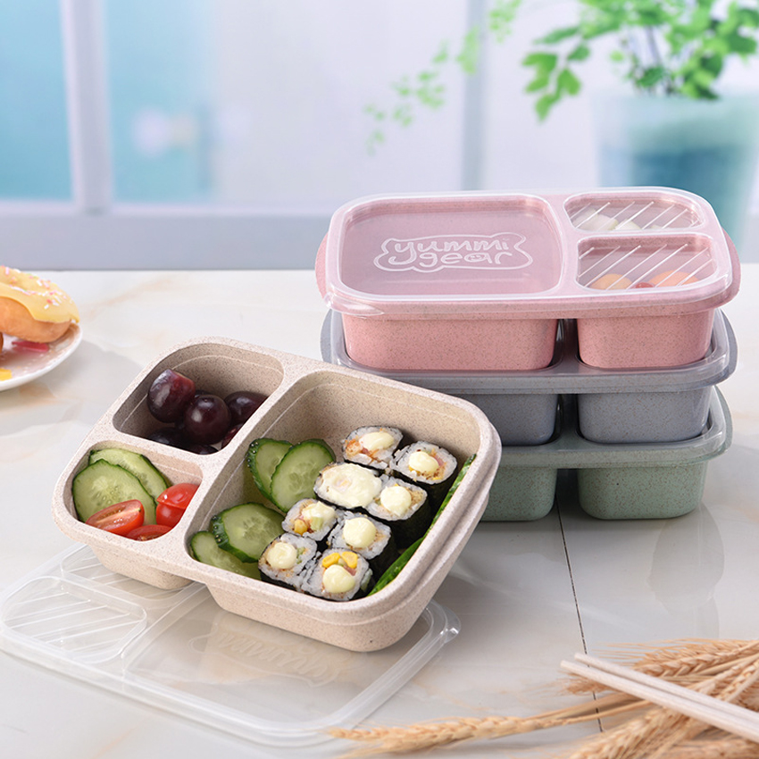 Lunch Wheat Straw Bento Box 3 Grid With Lid Microwave Food Box Biodegradable Storage Container Lunch Bento Boxes Dinnerware Set