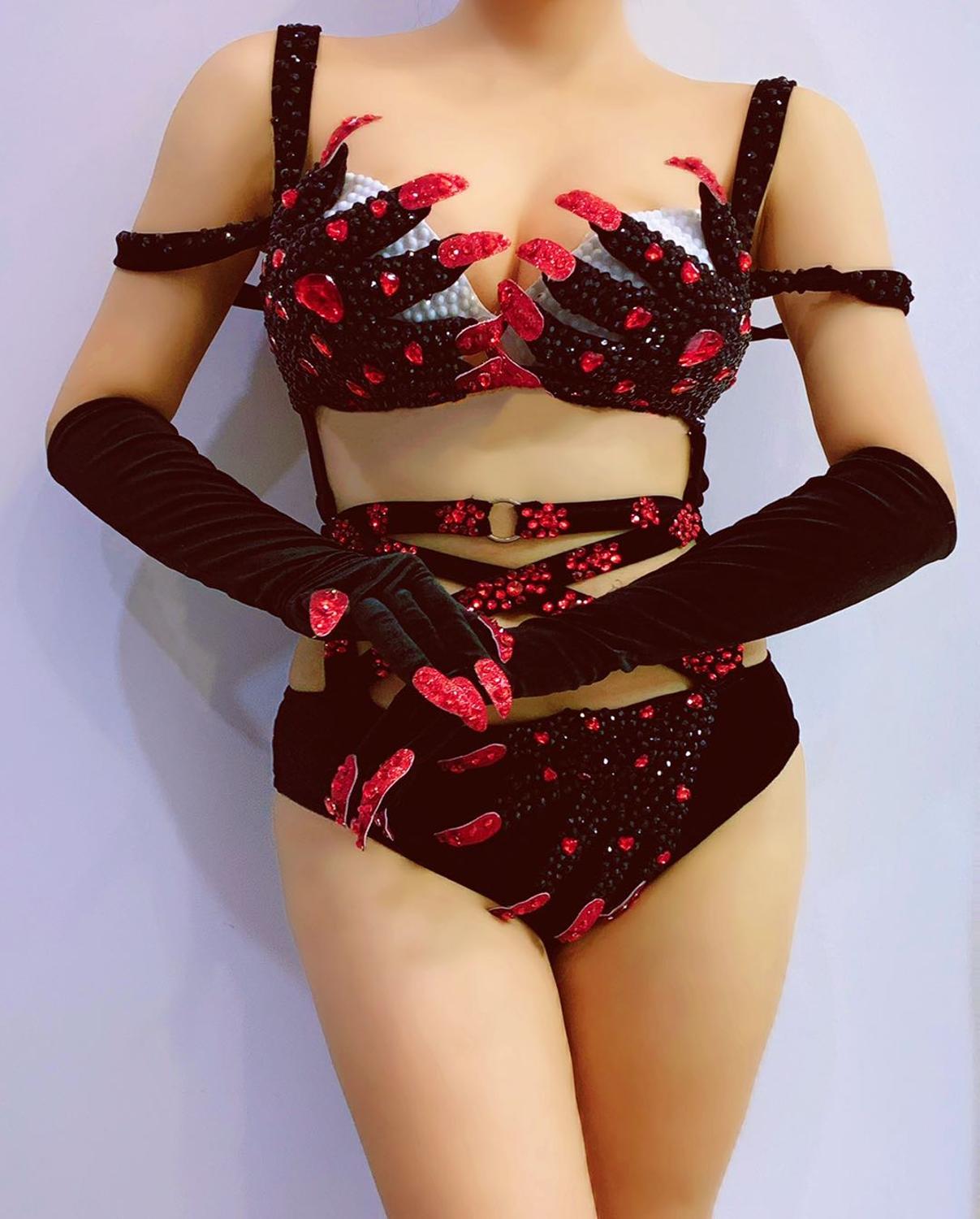 New Sexy Rhinestones Bandage Bikini Black Bodysuit Women Costume DJ Pole Dance Performance Stage Wear Nightclub Bar Show Outfits