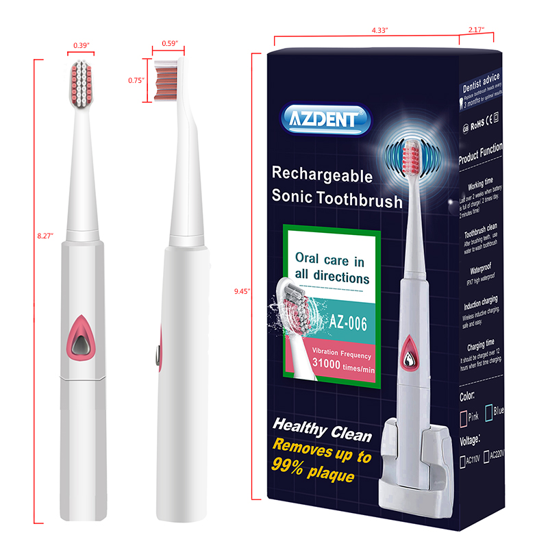 AZDENT 110v/220v Wireless Rechargeable Ultrasonic Electric Toothbrush Sonic Teeth Tooth Brush 4 Pcs Replacement Heads Kid Adult
