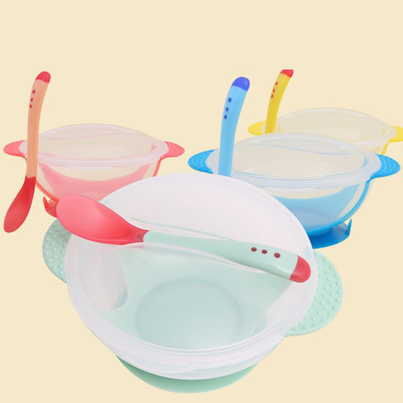 2pcs / lot Baby plate Temperature Sensing Spoon Baby Feeding Spoon Bowl Kids Child Feeding Lid Training Bowl with Spoon cover