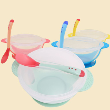 2pcs / lot Baby plate Temperature Sensing Spoon Baby Feeding Spoon Bowl Kids Child Feeding Lid Training Bowl with Spoon cover