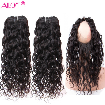 ALot Brazilian Water Wave Human Hair Bundles With 360 Lace Frontal Hair Weaving Non Remy 360 Frontal Closure With Hair Extension