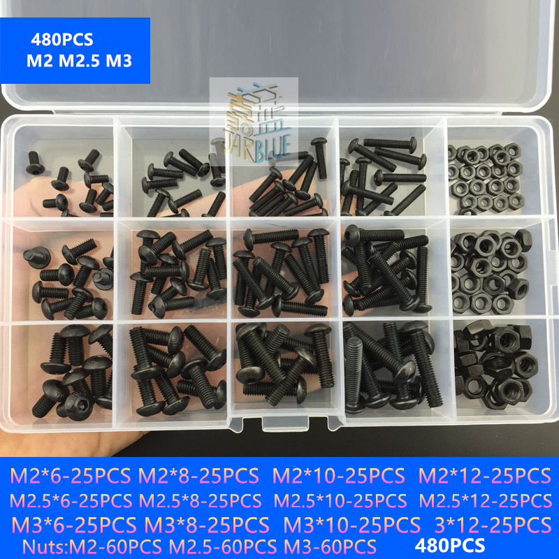 480Pcs ISO7380 M2 M2.5 M3 Alloy Steel 10.9 Level Black Hexagon Socket Button Head Screw Furniture Mushroom Cap Bolts Kit