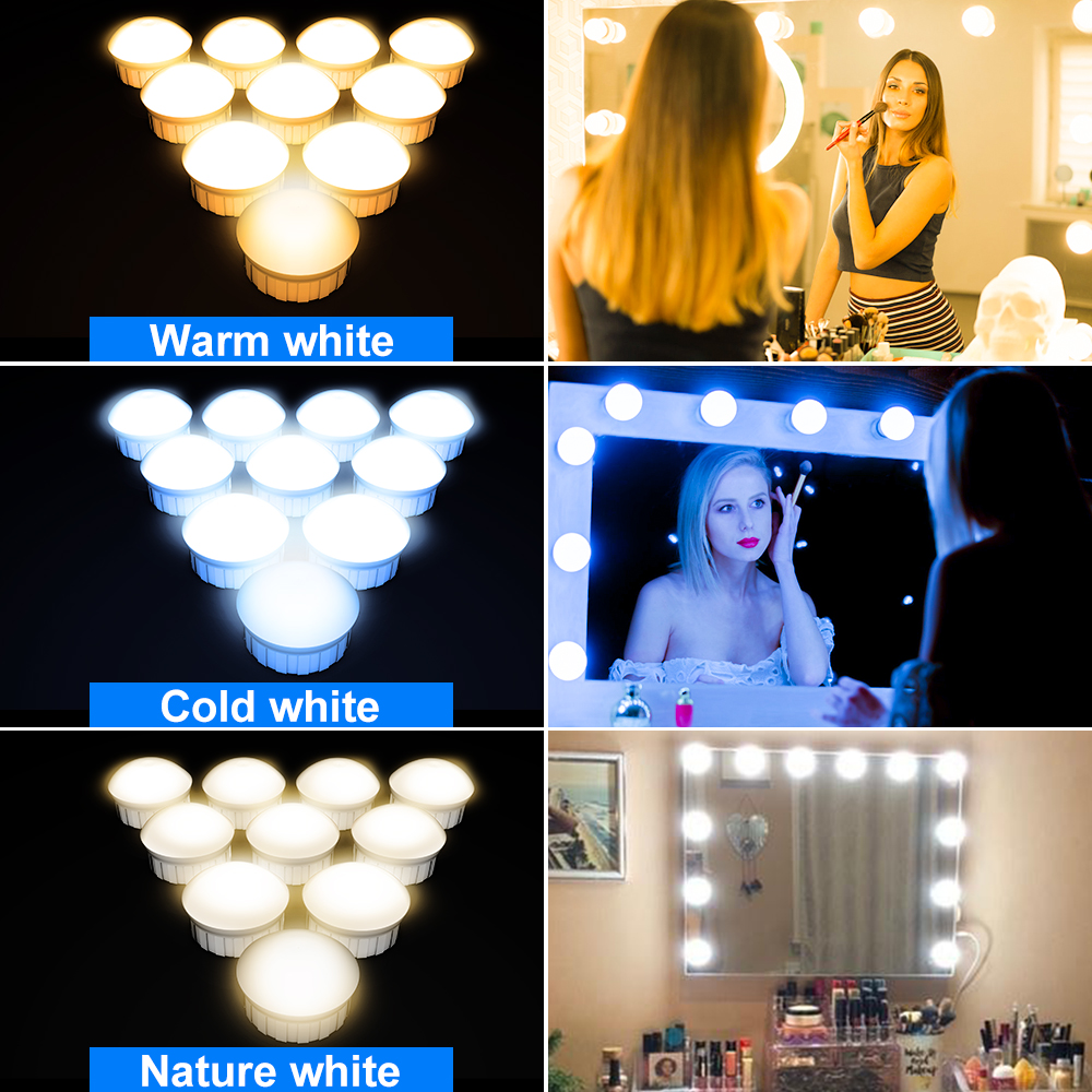 3 Colors Stepless Dimming Makeup Light LED Vanity Mirror Lamp USB 12V Dressing Table Light 6 10 14 Bulb Bathroom Mirror Ampoule